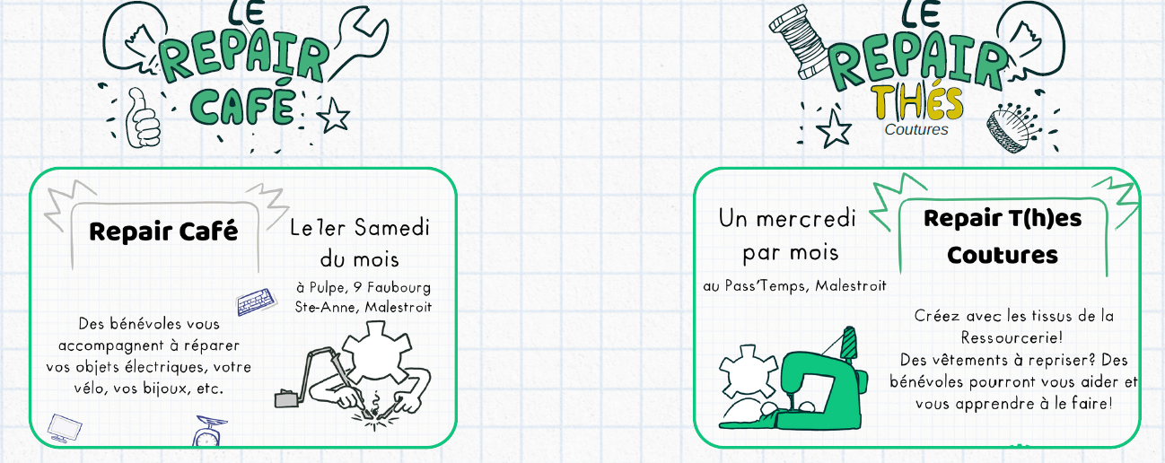 Repair Café : Le 1er samedi du mois au 9 Faubourg Ste Anné à Malestroit Des bénévoles vous accompagnent à réparer vos objets électriques, votre vélo, vos bijoux, etc... Repair T(h)és : Un mercredi par mois au Pass Temps à Malestroit Créez avec les tissus de la ressourcerie. Des vêtements à repriser ? Des bénévoles pourront vous aider et vous apprendre à le faire !
